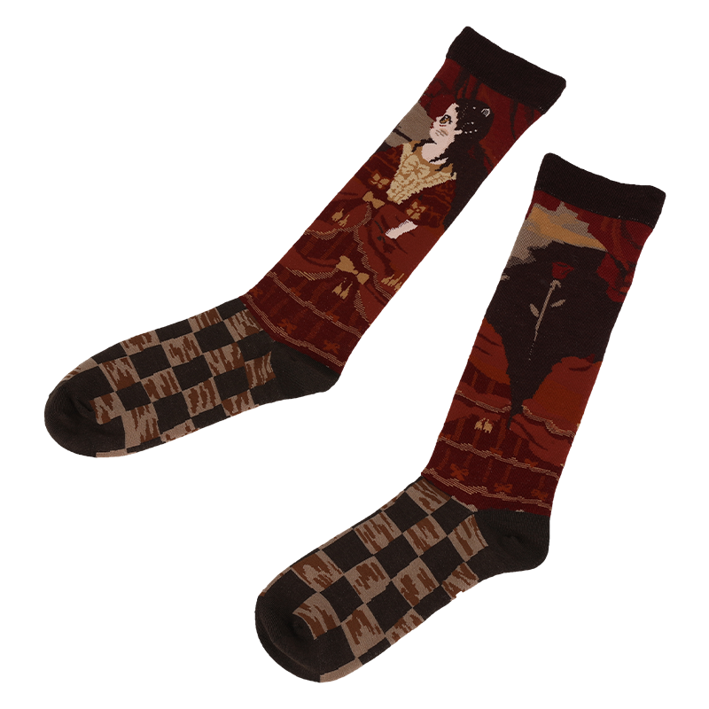 批發(fā)或定制女士時尚復(fù)雜人物圖像提花花型中統(tǒng)襪長統(tǒng)襪及膝襪